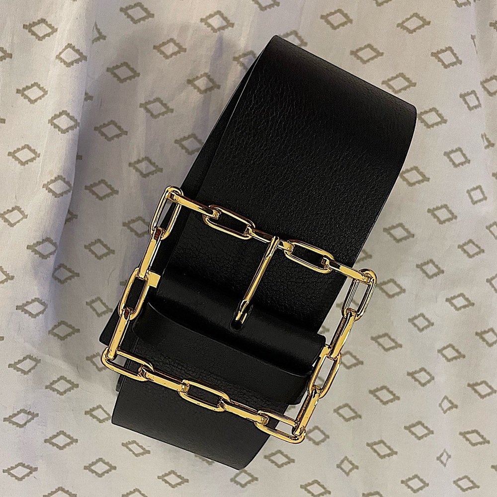 Black leather chunky belt with gold chain buckle